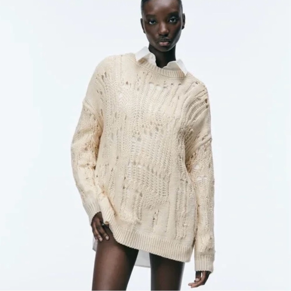 NWOT - Zara - Beige Open-Knit Women's Sweater, size small, new without tags